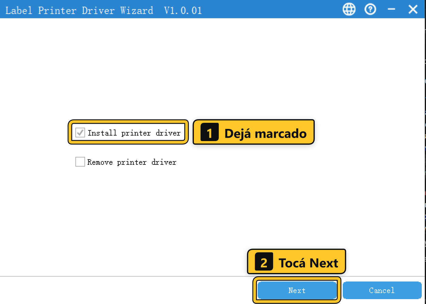 Instalador del driver con «Install printer driver» marcado y el botón Next